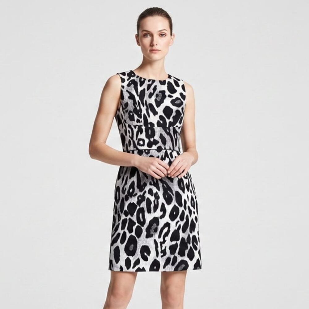 Ann Taylor Leopard Print Sheath Dress Gray Black White Sleeveless Sz 2 Workwear